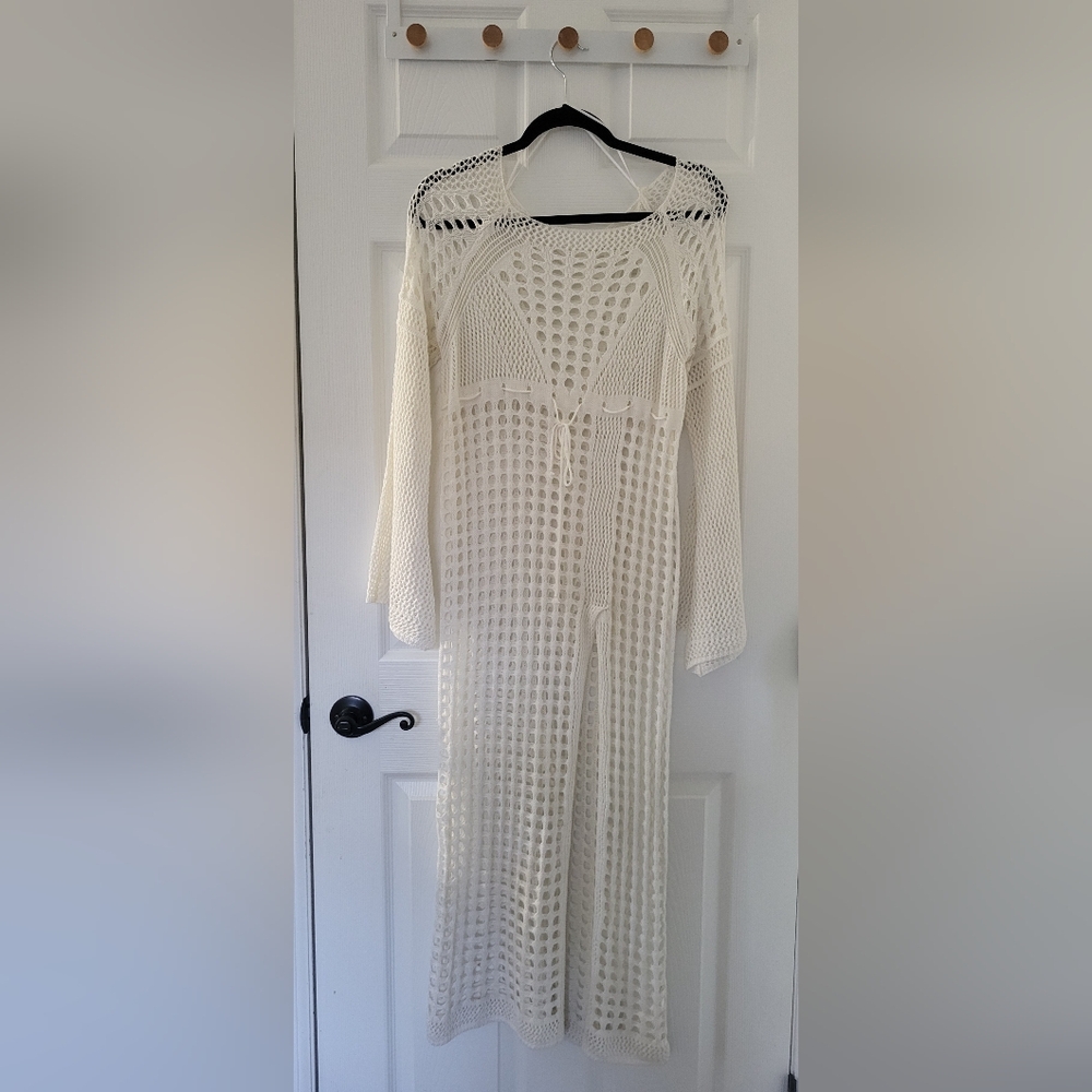 Off White Vintage Crochet Maxi Dress With Bell Sleeves And Side Slit Size Small